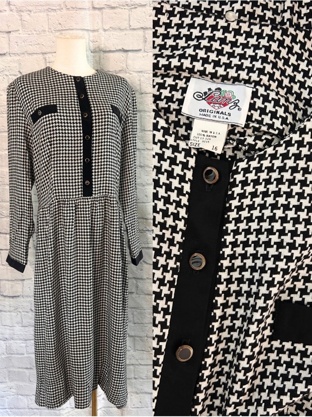 Vintage 90s LANZ Houndstooth Dress 100% Rayon Fall Academia Twee Pinup Retro